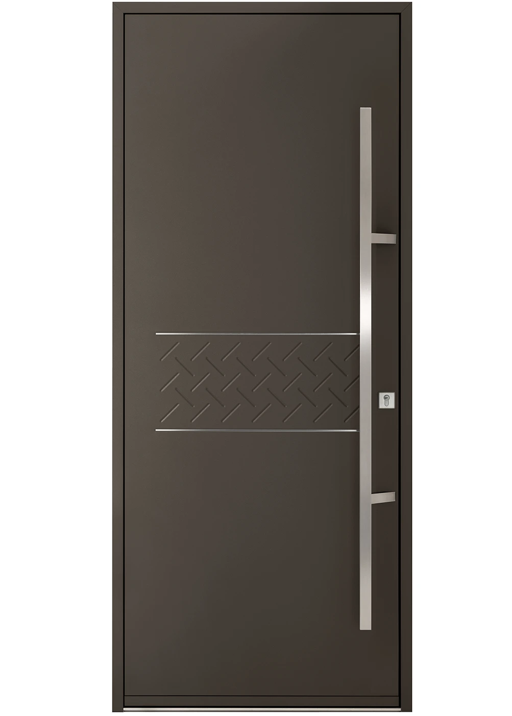 porte d'entrée acier Actoria avec motifs emboutis et joncs aluminium extérieur