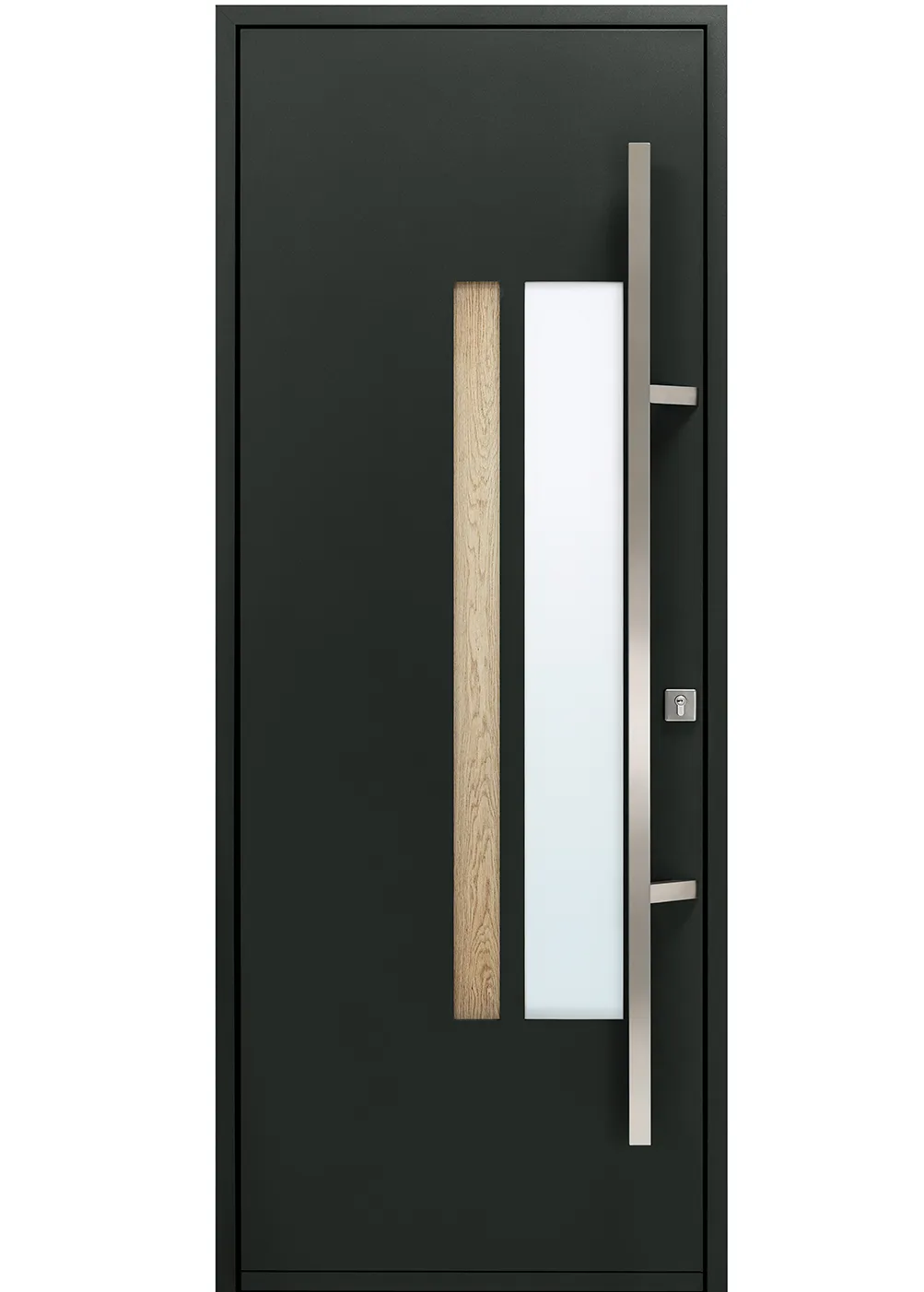 porte d'entrée acier Doricéa avec vitrage décoratif ton bois et design contemporain