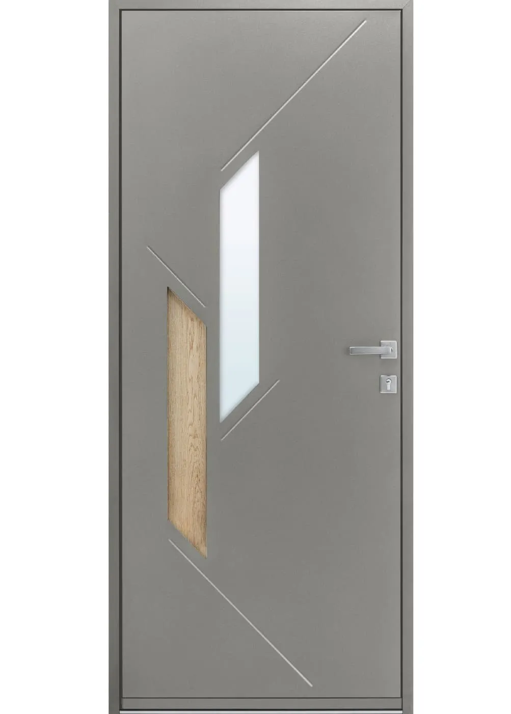 porte d'entrée acier Marbréa avec vitrage ton bois et motifs décoratifs emboutis